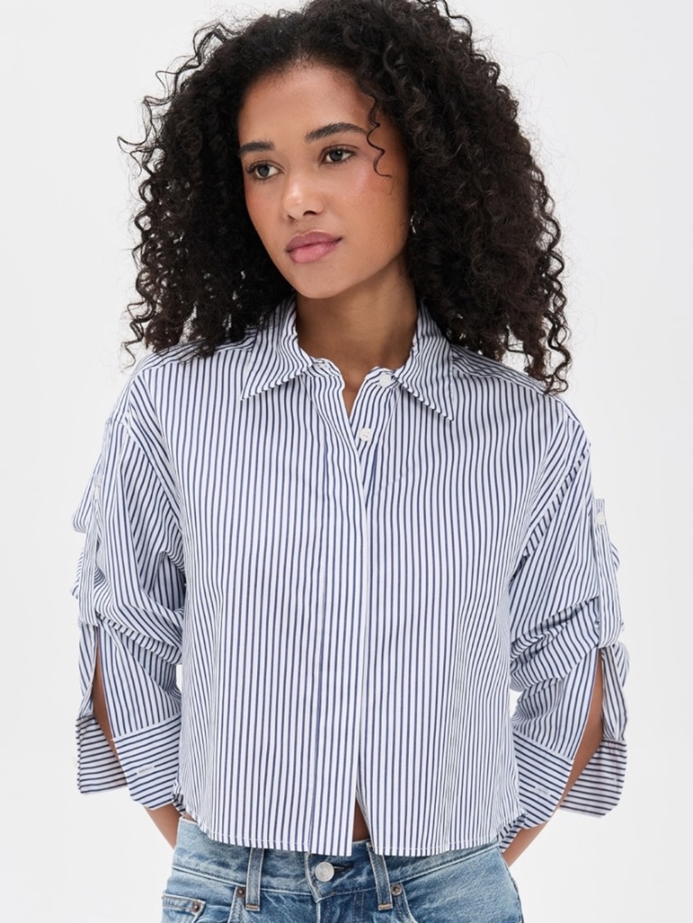 A.L.C. Maude Cropped Blouse Top Size XS White/Navy Blue Stripe Retail $395
